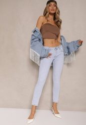Jasnoniebieskie Jeansy o Kroju Skinny Low Waist Kolanilia. Niebieskie jeansy Renee, na co dzień, l, bez wzorów, z jeansu, z obniżonym stanem. W wyprzedaży za 83.99 zł.
