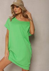 Zielona T-shirtowa Sukienka Pudełkowa z Elastycznej Bawełny Ellensa. Zielone sukienki Renee, l, bez wzorów, z bawełny, wakacyjne, bez kołnierzyka, bez ramiączek, mini. Za 49.99 zł.