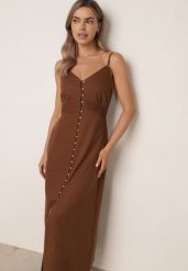 Brązowa Bawełniana Sukienka o Rozkloszowanym Kroju na Ramiączkach z Guzikami Firbia. Brązowe sukienki Born2be, na co dzień, l, bez wzorów, z bawełny, eleganckie, bez kołnierzyka, bez ramiączek, maxi, rozkloszowane. Za 129.99 zł.