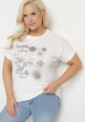 Biały T-shirt z Bawełny o Kroju Nietoperza z Metalicznym Nadrukiem Olisenia. Białe t-shirty Born2be, xl, bez wzorów, z bawełny, bez kołnierzyka, bez ramiączek. Za 39.99 zł.