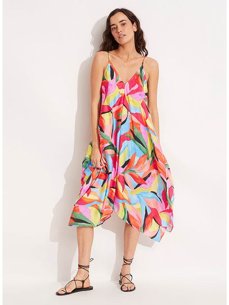 Seafolly Sukienka ze wzorem rozmiar: M. Sukienki Seafolly, m, bez wzorów, z asymetrycznym kołnierzem, bez ramiączek, midi, asymetryczne. Za 214.19 zł.