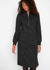 Sukienka dresowa ze stójką. Czarne sukienki bonprix, bez wzorów, z dresówki, bez kołnierzyka, bez ramiączek. Za 124.99 zł.