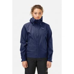 Kurtka przeciwdeszczowa damska Rab Downpour Eco Jacket z kapturem. Niebieskie kurtki sportowe RAB, bez wzorów, z kapturem, trekkingowe. Za 369.99 zł.