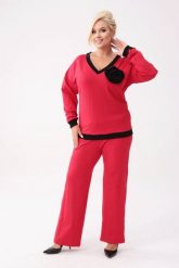 Bawełniany czerwony komplet dresowy Comfy - bluza z różą + długie spodnie PLUS SIZE XXL OVERSIZE JESIEŃ. Czerwone bluzy Moda Size Plus Iwanek, na jesień, plus size, z aplikacjami, z bawełny, bez kaptura. Za 349.90 zł.