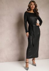 Czarna Połyskująca Sukienka Maxi z Wiązanym Paskiem Graice. Czarne sukienki Renee, bez wzorów, z materiału, bez kołnierzyka, bez ramiączek, maxi. Za 49.99 zł.