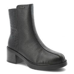 Botki damskie Rieker o eleganckim fasonie z tłoczonymi wstawkami i stabilnym obcasem na traperowej podeszwie czarne, Y5264-00 Black. Czarne botki Rieker, na zimę, bez wzorów, z jeansu, bez obcasa, na obcasie, bez zapięcia. Za 331.99 zł.