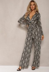 Czarno-Beżowy Kopertowy Kombinezon z Paskiem w Talii i Ozdobnym Wzorem Mirannda. Czarne sukienki Renee, m, bez wzorów, z materiału, eleganckie, bez kołnierzyka, bez ramiączek, kopertowe. Za 129.99 zł.