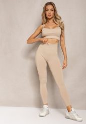 Beżowy Elastyczny Komplet Fitness Usztywniany Biustonosz i Legginsy z Gumką Orbinra. Brązowe legginsy Renee, m, bez wzorów. Za 64.99 zł.