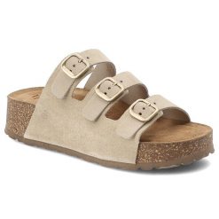 Klapki damskie Yokono, cholewka ze skóry naturalnej odkryty fason trzy regulowane paski z klamrami, beżowe, Wiwi-263. Brązowe klapki Yokono, bez wzorów, ze skóry, bez obcasa. Za 249.00 zł.