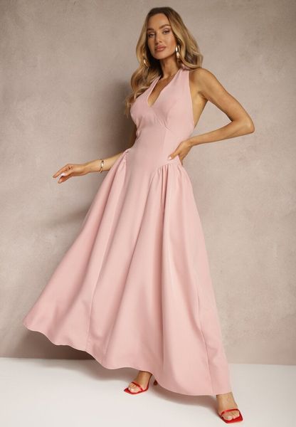 Różowa Rozkloszowana Sukienka Halter z Wiązaniem i Odkrytymi Plecami Senicce. Czerwone sukienki Renee, na imprezę, m, bez wzorów, eleganckie, bez kołnierzyka, bez ramiączek, maxi, rozkloszowane. Za 109.99 zł.