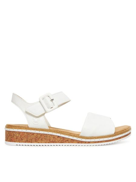 Rieker Sandały V3691-80 Biały. Białe sandały Rieker, bez wzorów, z materiału, bez obcasa, na koturnie, bez zapięcia. Za 289.99 zł.
