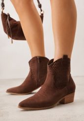 Brązowe Ażurowe Botki Vices w Stylu Kowbojek na Obcasie Norfedi. Brązowe botki Born2be, z aplikacjami, z jeansu, ze szpiczastym noskiem, bez obcasa, na obcasie, bez zapięcia. Za 149.99 zł.