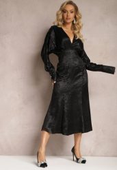 Czarna Sukienka Midi z Gumką w Pasie i Rękawami Nietoperz Botella. Czarne sukienki Renee, l, z aplikacjami, bez kołnierzyka, bez ramiączek, midi. Za 159.99 zł.