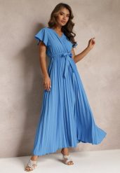 Niebieska Koktajlowa Maxi Sukienka Ozdobiona Plisami z Trójkątnym Dekoltem i Wiązaniem w Talii Phoelia. Niebieskie sukienki Renee, na imprezę, m, bez wzorów, eleganckie, bez kołnierzyka, bez ramiączek, maxi. Za 79.99 zł.