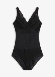 Body modelujące z koronką, lekki stopień modelowania. Czarne body bonprix, bez wzorów, z koronki. Za 44.99 zł.