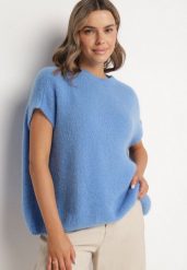 Niebieski Sweter z Bawełną o Kroju Nietoperza Nilanissea. Niebieskie swetry Born2be, bez wzorów, z bawełny, bez ramiączek. Za 159.99 zł.