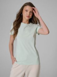 4F T-shirt slim z nadrukiem damski - miętowy S. Niebieskie t-shirty 4f, l, bez wzorów, z jeansu, bez kołnierzyka, bez ramiączek. Za 49.99 zł.