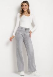Jasnoszare Jeansy Szerokie z Bawełny z Wyższym Stanem Adrinca. Szare jeansy Born2be, na co dzień, l, bez wzorów, z bawełny. Za 149.99 zł.