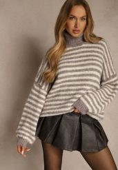 Szaro-Beżowy Golf z Dodatkiem Wełny Ozdobiony Paskami Monarria. Szare golfy Renee, bez wzorów, z jeansu, bez ramiączek. Za 169.99 zł.