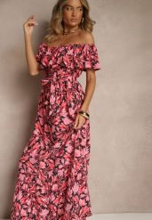 Czarna Kwiatowa Sukienka Typu Hiszpanka z Bawełną Tiarice. Czarne sukienki Renee, na co dzień, na lato, l, bez wzorów, z bawełny, eleganckie, bez kołnierzyka, bez ramiączek, maxi, proste. Za 54.99 zł.