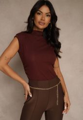 Bordowy Top z Bawełny i Wiskozy ze Stójką i Marszczeniem w Talii Zetelie. Czerwone topy Renee, m, bez wzorów, z bawełny, bez kołnierzyka, bez ramiączek. Za 59.99 zł.