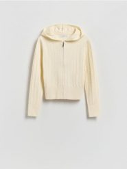 Kardigan z kapturem - kremowy. Białe kardigany Reserved, l, bez wzorów, z dzianiny. Za 139.99 zł.