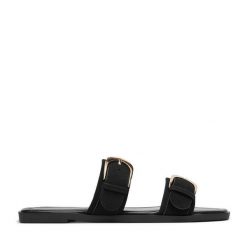 Klapki JENNY. Czarne klapki Jenny, bez wzorów, bez obcasa. Za 89.99 zł.