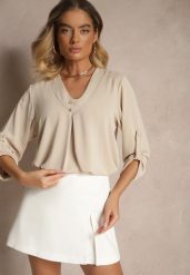 Beżowa Bluzka Trapezowa z Dekoltem w Kształcie Litery V i Podpinanymi Rękawami Morlimi. Brązowe bluzki Renee, bez wzorów, z jeansu, eleganckie, bez kołnierzyka, bez ramiączek. W wyprzedaży za 52.49 zł.