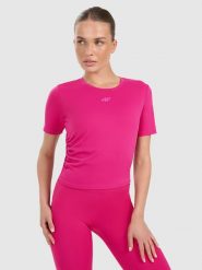 4F Crop-top do jogi i pilatesu szybkoschnący damski - różowy S. Czerwone koszulki sportowe 4f, bez wzorów, z elastanu, bez ramiączek, na jogę i pilates. Za 99.99 zł.