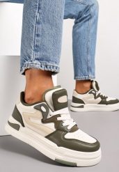Zieloneo-Białe Sneakersy Ozdobione Wstawkami i Perforacją z Imitacji Skóry Cressia. Brązowe obuwie sportowe Renee, z jeansu, bez zapięcia, na fitness i siłownię. Za 109.99 zł.