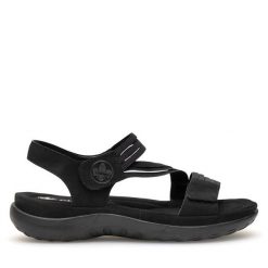 Sandały Rieker. Czarne sandały Rieker, bez wzorów, bez obcasa, na płaskiej podeszwie, bez zapięcia. Za 259.99 zł.