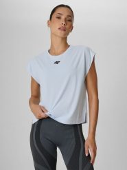 4F Koszulka treningowa regular szybkoschnąca damska - niebieska S. Niebieskie koszulki sportowe 4f, bez wzorów, bez ramiączek, na fitness i siłownię. Za 79.99 zł.