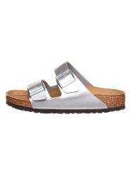 Birkenstock Klapki "Arizona" w kolorze srebrnym rozmiar: 36. Szare klapki Birkenstock, bez wzorów, z otwartym noskiem, bez obcasa. Za 342.60 zł.