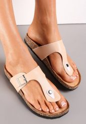 Beżowe Japonki z Szerokim Paskiem z Klamerką Tremeda. Brązowe klapki Renee, bez wzorów, bez obcasa. Za 39.99 zł.
