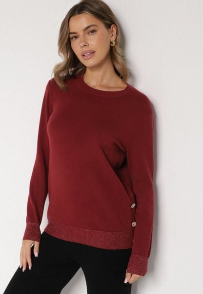 Bordowy Sweter z Guzikami z Boku Tusiana. Czerwone swetry Born2be, bez wzorów, z jeansu, bez ramiączek. Za 79.99 zł.