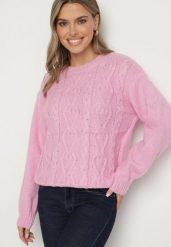 Różowy Sweter z Wełną Ściągaczem i Tłoczeniem Riavonnae. Czerwone swetry Born2be, bez wzorów, z jeansu, bez ramiączek. Za 79.99 zł.