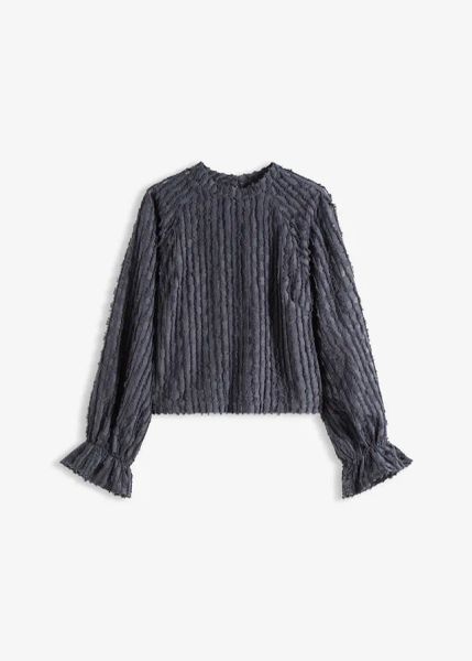 Bluzka ze strukturyzowanego materiału. Niebieskie bluzki bonprix, bez wzorów, bez kołnierzyka, bez ramiączek. Za 159.99 zł.