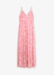 Długa sukienka z delikatnego tiulu, z drapowaniem. Białe sukienki bonprix, bez wzorów, z tiulu, bez kołnierzyka, bez ramiączek, maxi. Za 349.99 zł.