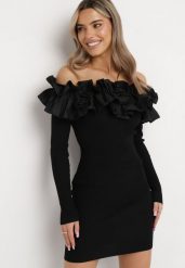 Czarna Sukienka Hiszpanka Mini z Falbankami Xerxeni. Czarne sukienki Born2be, z aplikacjami, z dzianiny, bez kołnierzyka, bez ramiączek, mini. Za 129.99 zł.