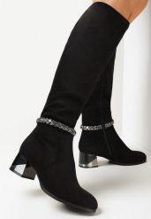 Czarne Kozaki z Ekozamszu na Słupku z Metaliczną Wstawką i Warkoczem z Cyrkonii Brebora. Czarne kozaki Born2be, przed kolano, bez obcasa, na obcasie, bez zapięcia. Za 139.99 zł.