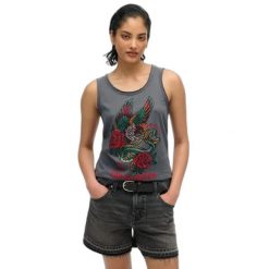 Top bez rękawów z odkrytymi ramionami dla kobiet Superdry Neo Trad Tattoo. Czarne topy Superdry, bez wzorów, bez kołnierzyka, bez ramiączek. Za 129.70 zł.