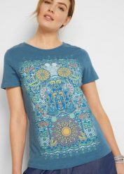 T-shirt z nadrukiem. Niebieskie t-shirty bonprix, bez wzorów, bez kołnierzyka, bez ramiączek. Za 39.99 zł.
