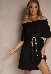 Czarna Sukienka Hiszpanka z Bawełną i Wiskozą Ozdobiona Sznurkiem Lilarelle. Czarne sukienki Renee, na co dzień, na wiosnę, m, bez wzorów, z bawełny, eleganckie, bez kołnierzyka, bez ramiączek, mini, z odkrytymi ramionami. Za 49.99 zł.