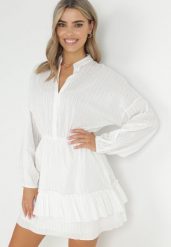 Biała Sukienka Nietoperz z Gumką w Pasie Amberly. Białe sukienki Born2be, na co dzień, l, bez wzorów, z jeansu, eleganckie, bez kołnierzyka, bez ramiączek, mini. Za 159.99 zł.