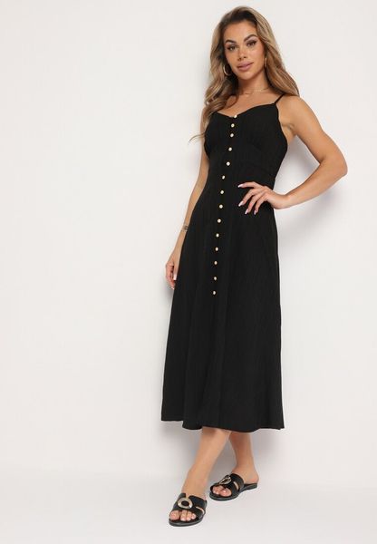 Czarna Sukienka na Cienkich Regulowanych Ramiączkach Zapinana na Guziki Palfea. Czarne sukienki Born2be, na spotkanie biznesowe, na lato, s, z aplikacjami, eleganckie, bez kołnierzyka, bez ramiączek. Za 89.99 zł.