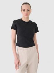 4F T-shirt slim z prążkowanej dzianiny damski - czarny S. Czarne t-shirty 4f, s, bez wzorów, z bawełny, bez kołnierzyka, bez ramiączek. W wyprzedaży za 39.99 zł.