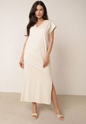 Beżowa Bawełniana Sukienka Pudełkowa o Fasonie Oversize z Kieszeniami Thaelusa. Brązowe sukienki Born2be, na co dzień, l, bez wzorów, z bawełny, bez kołnierzyka, bez ramiączek, maxi, oversize. Za 139.99 zł.