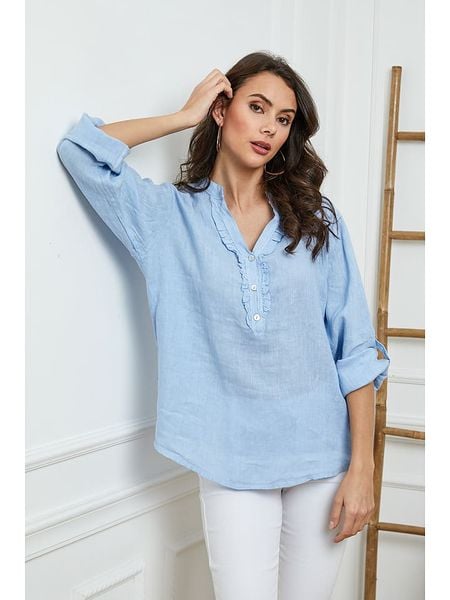 Joséfine Lniana bluzka w kolorze błękitnym rozmiar: XL. Niebieskie bluzki Joséfine, xl, bez wzorów, ze lnu, bez kołnierzyka, bez ramiączek. Za 139.87 zł.