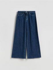 Jeansy wide leg z wiązaniem - granatowy. Niebieskie jeansy Reserved, bez wzorów. Za 159.99 zł.