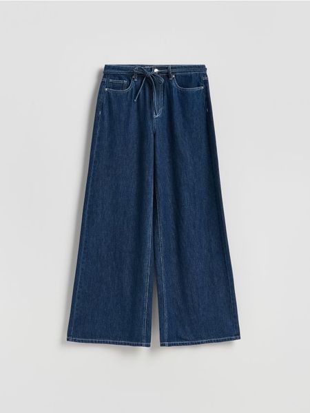 Jeansy wide leg z wiązaniem - granatowy. Niebieskie jeansy Reserved, bez wzorów. Za 159.99 zł.